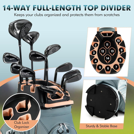 Tangkula Golf Cart Bag with 14-Way Full Length Dividers, 6 Molded Lock Top Golf Club Bag with 11 Pockets, Cooler Bag, Padded Strap, Handles, Umbrella Holder & Rain Hood