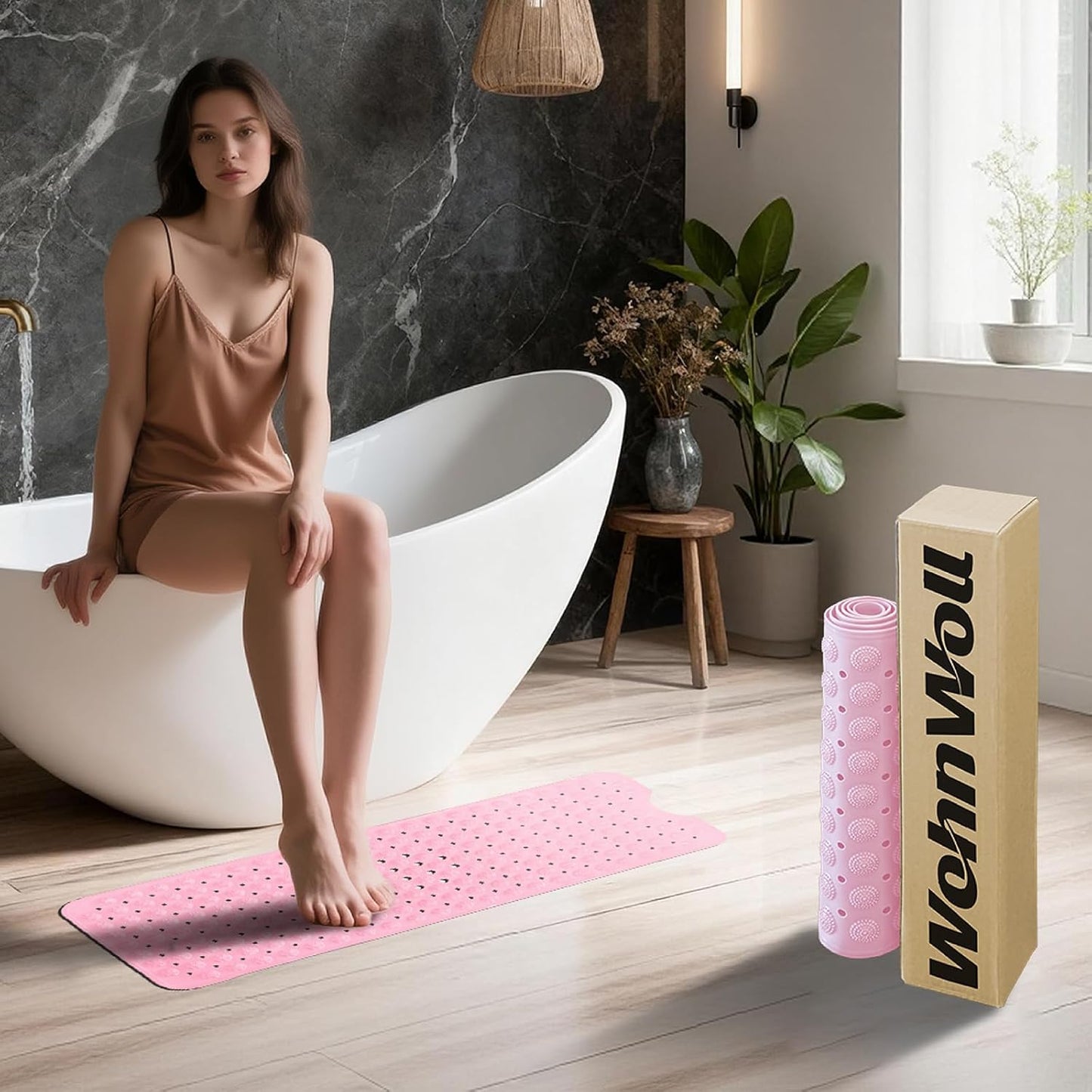 Non-Slip Bath Tub Mat, Extra Large 40x16 Inch Shower Mat with Suction Cups & Drain Holes, Quick Dry Soft Mat for Bathroom Floor Safety, Massage Style, Pink