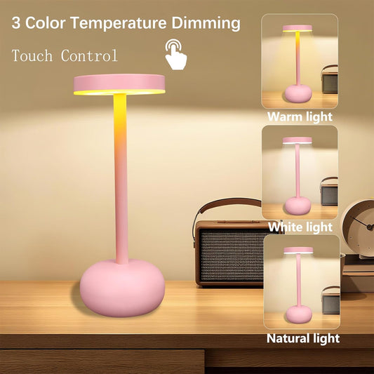 Cordless Table Lamp, Rechargeable 4000mAh Battery Powered Lamp, 3 Color Stepless Dimming, Portable Outdoor Table Light for Bedroom, Bar, Cafe, Restaurant, Patio, Camping (Pink)