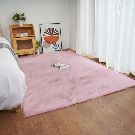 Ghouse Ultra Soft Faux Rabbit Fur Rug 5x8, Machine Washable Area Rugs for Bedroom Fluffy Rugs for Living Room, No-Shedding Carpet Sheepskin Rug Pink