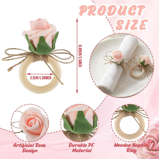 Flower Napkin Rings Set of 12 Wooden Pink Rose Handmade Napkin Holders for Wedding Mother's Day Birthday Dinner luncheons Picnics Banquet