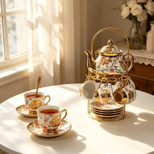 CHANJOON Gold Plated Red Rose Ceramic Tea Set, Vintage Tea Sets with Teapot, Beautiful Tea Set Coffee Serving 6 People (pink, Medium)