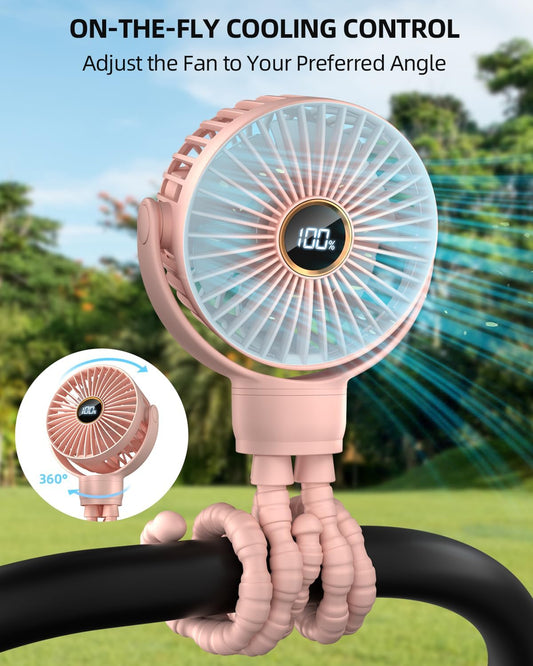 Portable Stroller Mini Fan, Small Rechargeable Personal Fan, Travel Essentials for Baby, Wagon, Car Seat, Treadmill, Battery Powered Biking Gear Accessories, 360ยฐ Rotation, 3-Speed, Display, Pink
