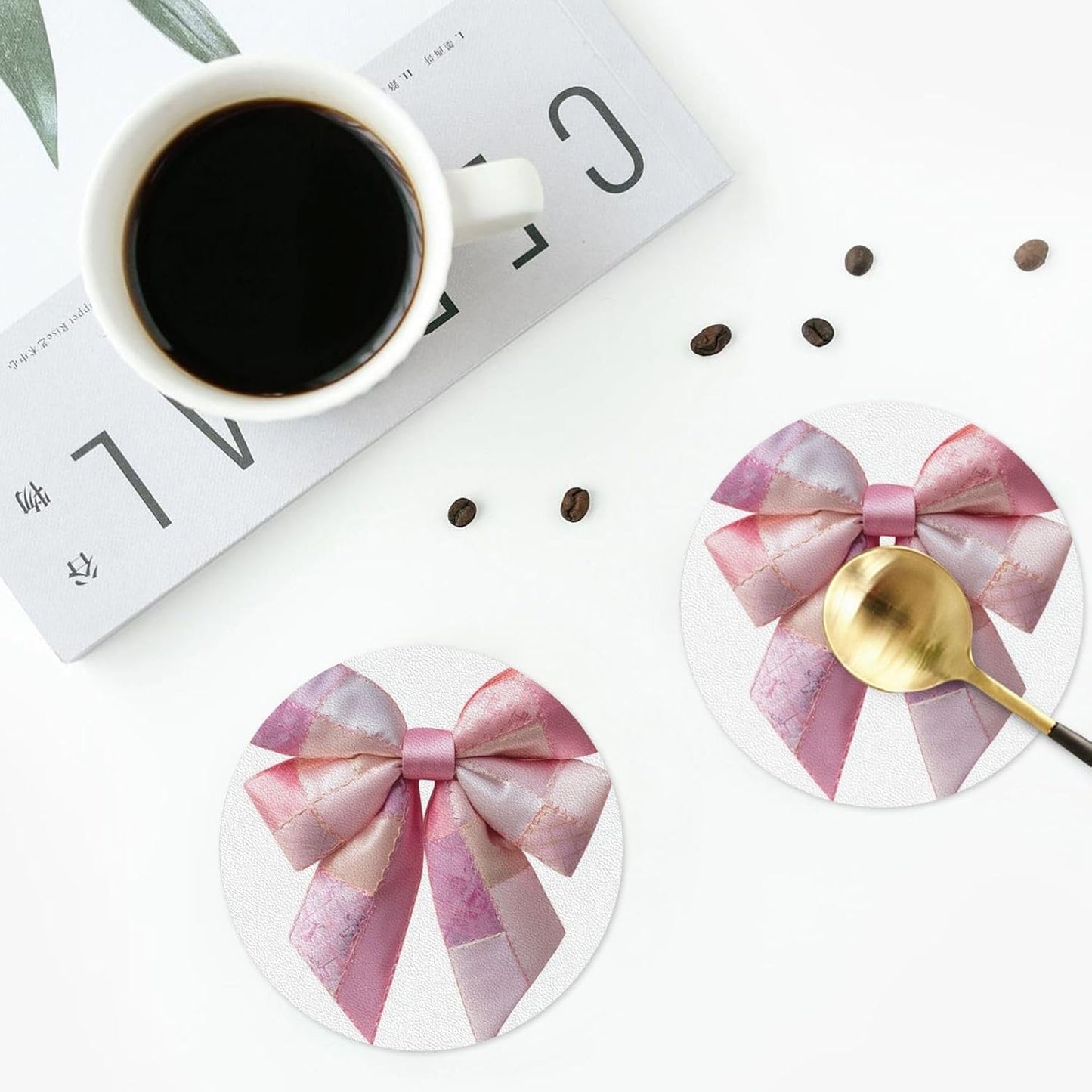 Light Pink Bow Balloon Patchwork Embroidery Drinks Coasters Set of 4 Leather Drink Coasters for Tabletop Protection Heat Resistant Bar Cup Mat Pad