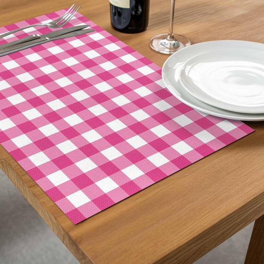 Peach Pink Checked Placemats Set of 4, Washable PVC Kitchen Table Mats Place Mats, Farmhouse Buffalo Plaid Country Grid Woven Vinyl Placemat for Dining Table, 13" x 19"