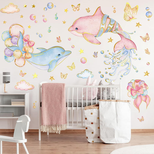 Under the Sea Dolphin Wall Stickers Cute Dolphins Bubbles Wall Decals Ocean Animal Peel and Stick Decor for Kids Room Bedroom (Pink)