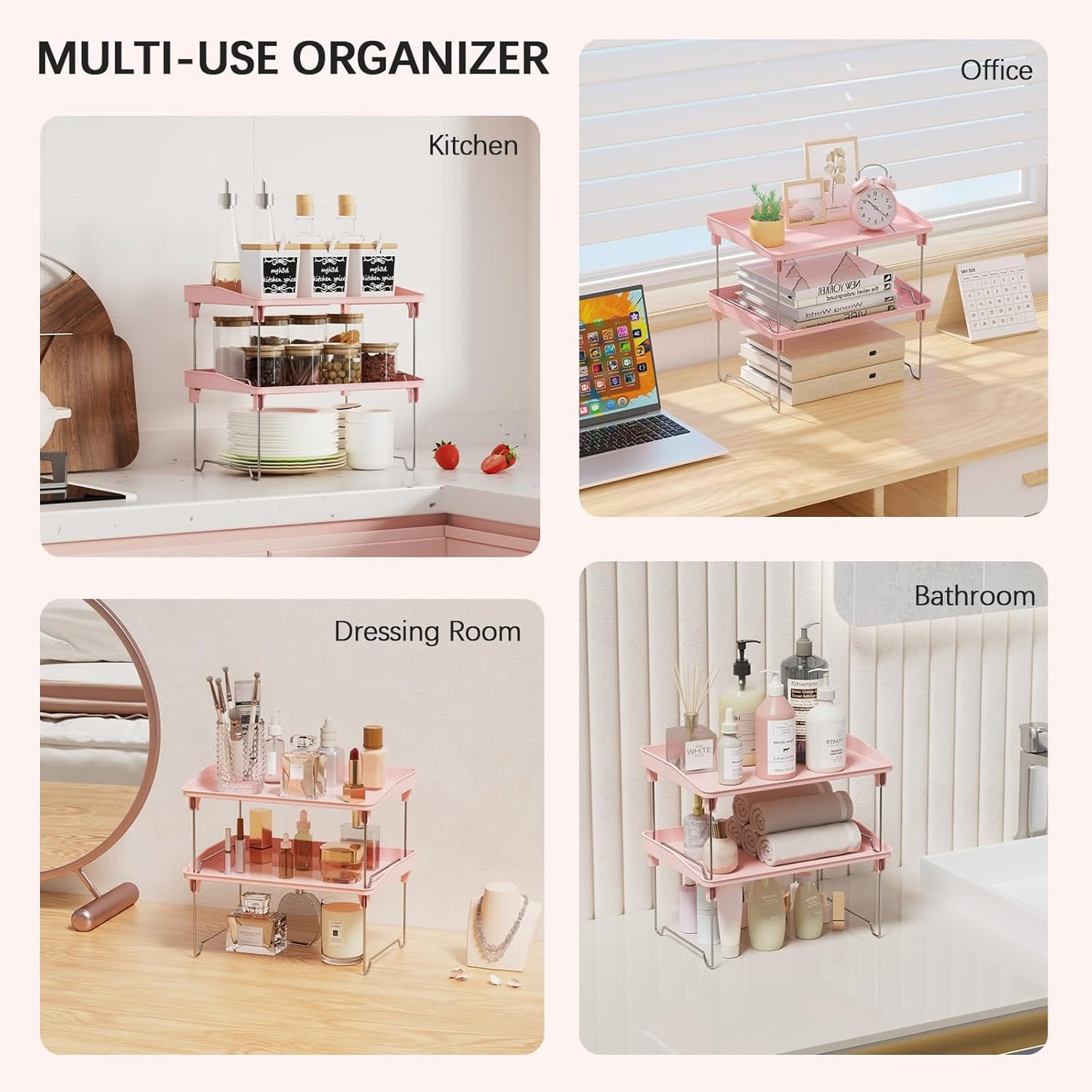 STARLATTA 2 Pcs Cabinet Organizer Shelf,Stackable Kitchen Counter Shelves, Spice Rack,Countertop Organizers,Pink Plastic Storage Shelves Rack for Makeup,Bathroom, Cupboard,Desk,Pantry Organization