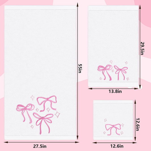 FYSUIMU Pink Bow Towel Set of 3 Cotton Embroidered Bow Knot Bath Towel Hand Towels Wash Cloth for Hand Drying Bathroom Shower Supplies