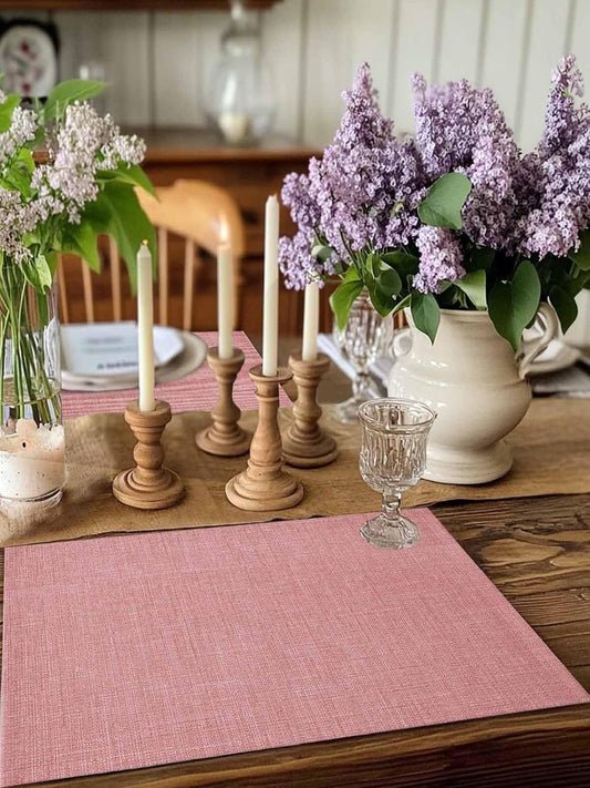 Vintage Peach Pink Placemats for Dining Table Set of 8, Farmhouse Retro Solid Color Linen Texture Cotton Linen Cloth for Square/Rectangle/Round Table Mat Placemat, Kitchen Dinner Holiday Décor