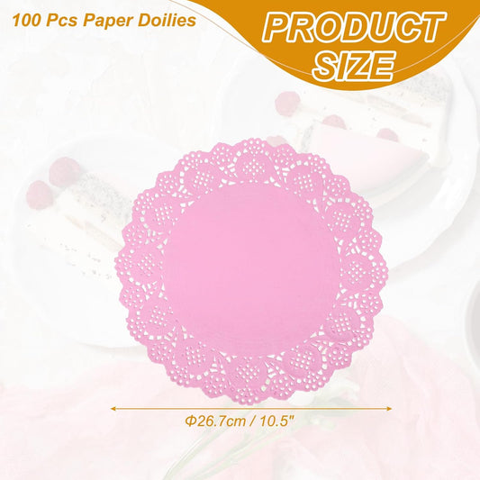 uxcell 100Pcs Paper Doilies, 10.5" Lace Doilies Round Paper Placemats for Dessert Cake Wedding Birthday Party Decorations Sandwiches Restaurants, Pink