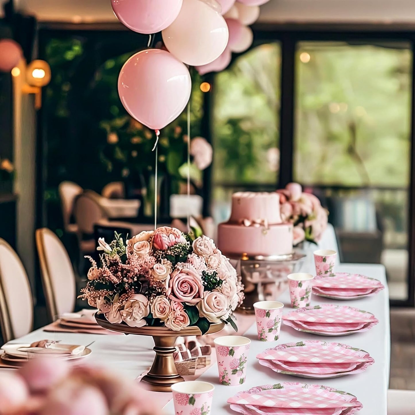 Pickmesh 250 Pcs Pink Hydrangea Party Supplies Pink Floral Gingham Checkered Paper Plates Napkins and Cups Hydrangea Disposable Tableware Set for Summer Wedding Birthday Tea Party Decorations Serve 50