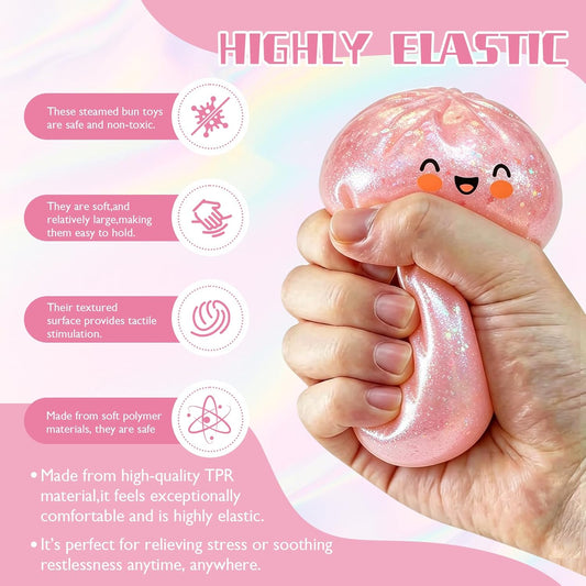 Glitter Dumpling Squishy Box Real Squishy Dumplings Squishies Fidget Toys Adults & Teens Large Adults Anxiety Relief Squeeze Toy for Boys Girls Easter Basket Stuffers (Pink)