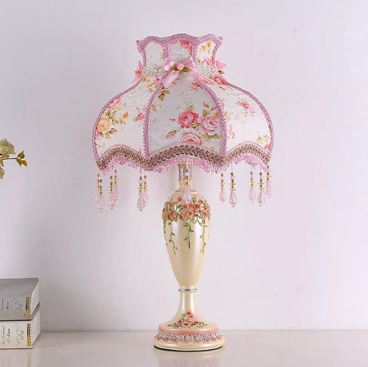 Victorian Style Floral Table Lamp,Decorative Pink Table Light with Fabric Shade & Beaded Fringe,Vintage Pastoral Nightstand Light for Bedroom Livingroom