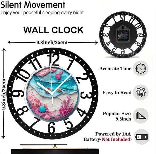 Metal Wall Clock for Living Room -10" Pink Coral Ocean Beach Shells Silent Non Ticking,Battery Operated, Antique Clocks for Farmhouse,Bedroom,Kitchen - Arabic Numerals