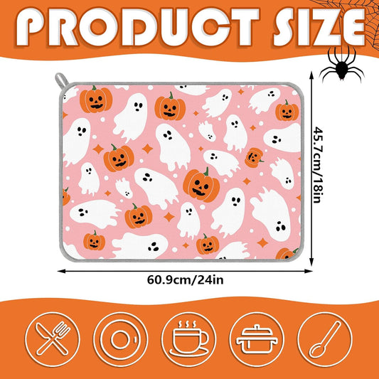 JarThenaAMCS Halloween Dish Drying Mat Pink Pumpkin Ghost Absorbent Dish Drainer Protector Pad for Kitchen Countertop Tableware Decor, 18 x 24 Inch