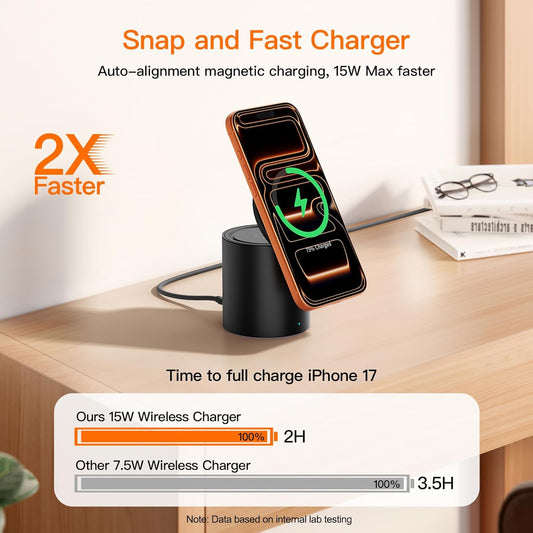Foldable 3in1 Magnetic Wireless Charger,15W • Silent • Travel Ready, for iPhone17-12, Fast Charging Station for Apple Watch AirPods, Portable MagSafe Charger with Stand Mode for Travel & Desk