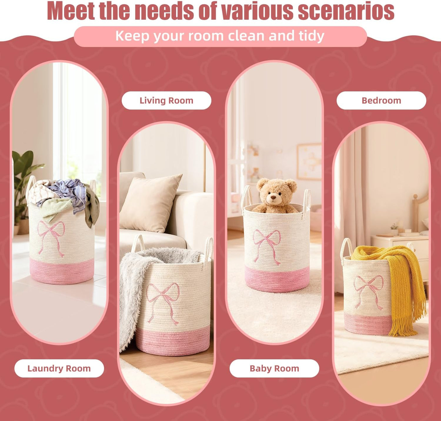Pink Laundry Basket with Bow, Coquette Bow Laundry Basket - Tall Cotton Rope Nursery Storage Bin, Large Organizer for Blankets, for Kids, Toys & Clothes for Bedroom & Bathroom (Round-50L)