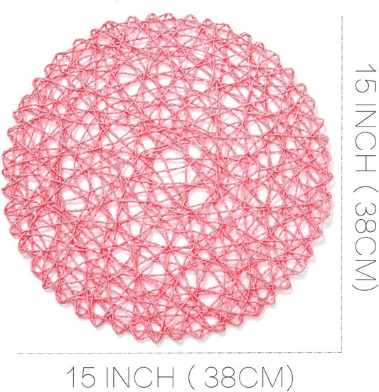 IcosaMro Pink Round Placemats Set of 12 for Dining Table, 13 Inches Paper Woven Boho Small Decorative Circle Place Mat for Wedding Christmas Thanksgiving Day Holiday Dinner, Pink