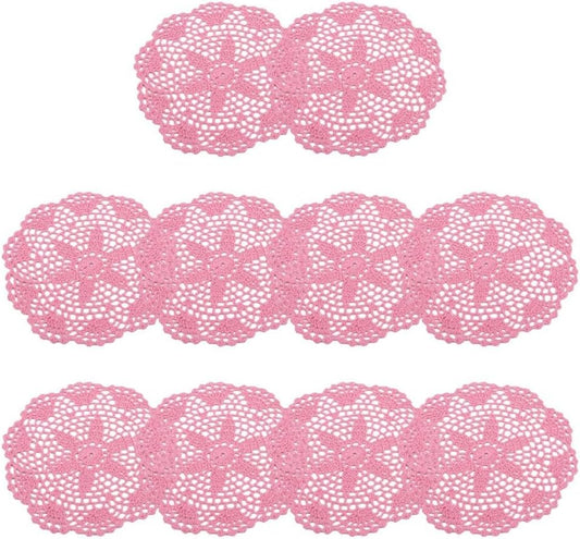 Handmade Lace Crochet Round Placemats and Cup Coasters Set, 20 cm Blended Fabric, Elegant Table Decor for Christmas, Tea Parties, Brunches and Festive Gatherings, 10 Pieces(Pink)