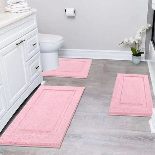 SHACOS Pink Bathroom Rugs Sets 3 Piece, 16"x24" + 20"x32" Non Slip Bath Mat and 20"x24" Toilet Rugs U Shaped Washable, Soft Fluffy Water Absorbent Bath Rugs for Bathroom