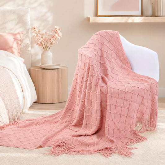 BATTILO HOME Blush Throw Blanket with Tassels, Pink Knit Blanket for Home Decor, Boho Style Textured Knitted Decorative Twin Blanket for Couch, Sofa &Bed, 52"x80"