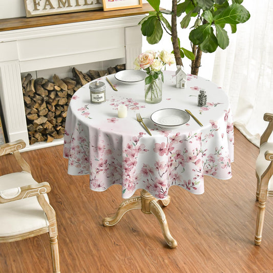 Horaldaily Spring Tablecloth 60×60 Inch Round, Pink Cherry Blossoms Washable Seasonal Table Cover for Party Picnic Dinner Decor