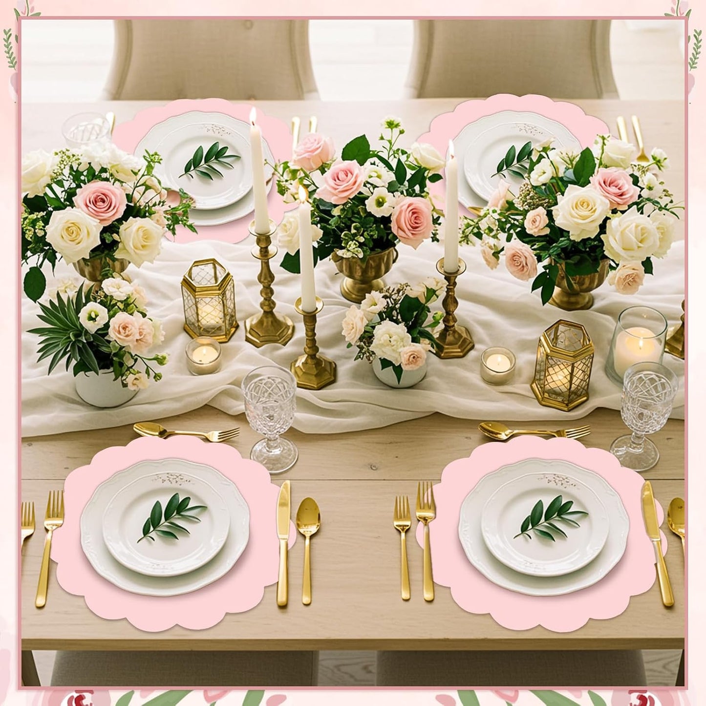 120 Pcs Light Pink Paper Placemats, 13.5 Inch Disposable Scalloped Placemat Round Table Place Mats Decorative Paper for Girls Birthday Wedding Bridal Shower Baby Shower Banquet Tea Party