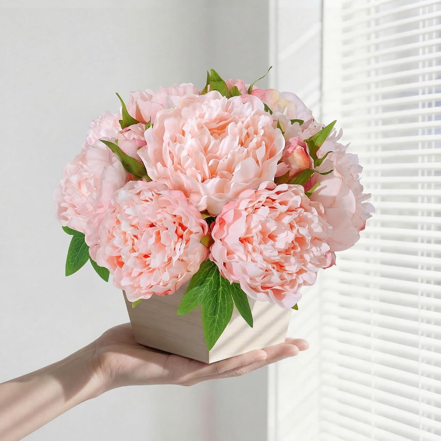 Artificial Hydrangea Flowers Arrangement in Wood Planter, 4PCS Fake Flowers in Wooden Vase Potted Floral Centerpieces for Tables Living Room Home Office Kitchen Decor (Light Pink Peony)
