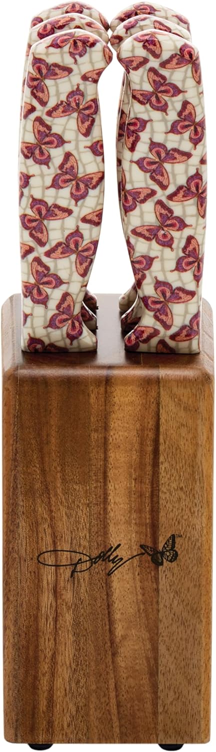 Dolly Parton 7-Piece Steak Knife Set with Pink Handles and Acacia Block for Storage