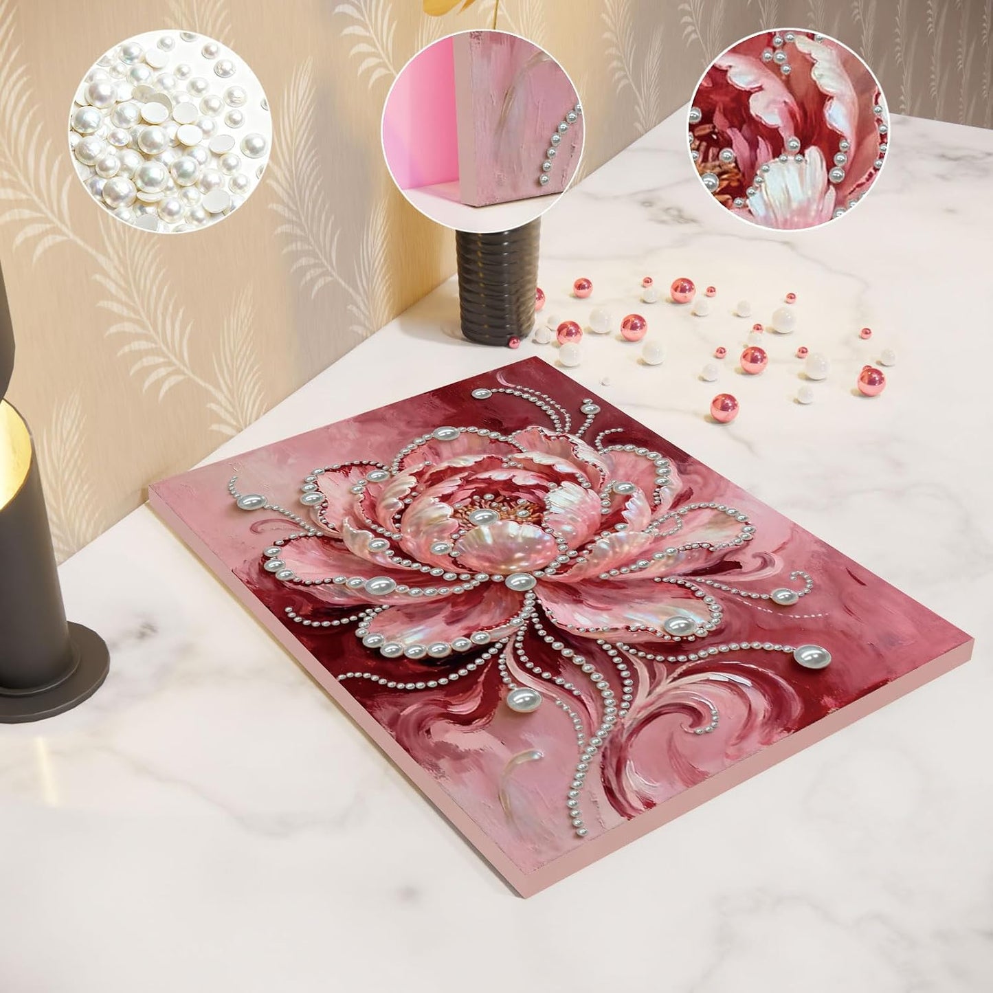 FRANDEK Pink Flowers DIY Pearl Art Painting, Sparkling Diamond Art Craft with Included Frame, 30x40cm Modern Home Decor for Wall, Thoughtful Gift for Adults Birthday Housewarming