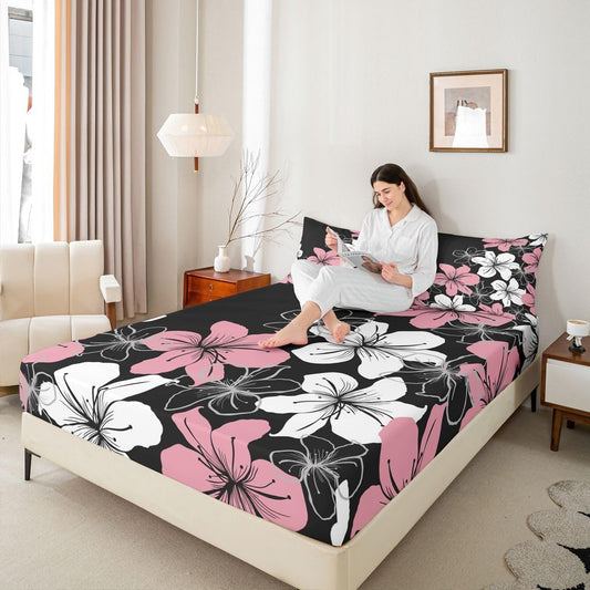 Peach Blossom Fitted Sheet Full Size,Romantic Vintage Flowers Bedding Set 3Pcs for Teens Women Bedroom Decor,Dusty Pink Floral Bed Sheets Deep Pocket Sheet,2 Pillowcases