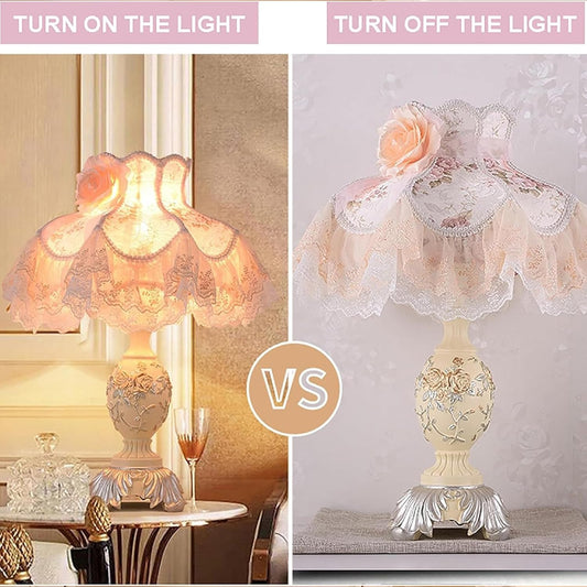 Vintage Pink Table Lamp,Victorian Style Table Nightstand with Lace,Princess Bedside Lamps,Pleated Fabric Shade Desk Lamp,Antique Flower Night Light for Bedroom (Size:32 * 55cm,Color:A)