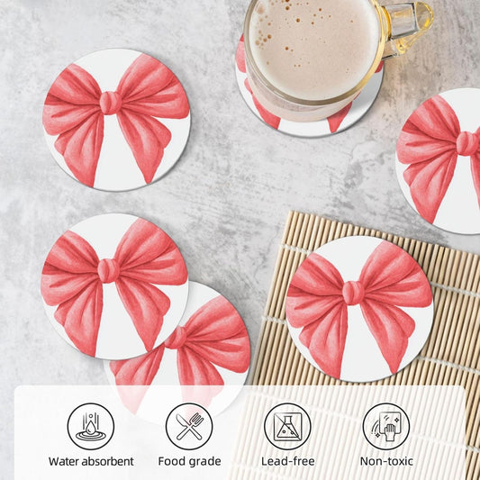 Watercolor Cute Bow Light Red and Pink Ceramic Coasters with Holder Set of 6 Coffee Cup Drink Coasters