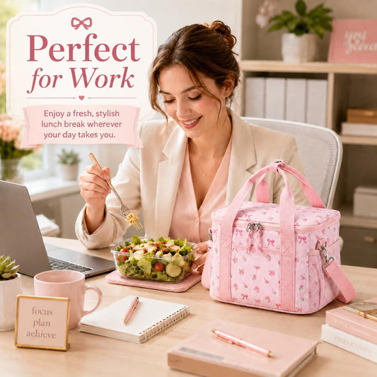 BTOOP Insulated Lunch Bag for Women Adult, Cute Lunch Box Cooler with Large Capacity, Leak-Proof Adjustable Strap Lunch Tote (Bow-Floral Pink-1, Medium)
