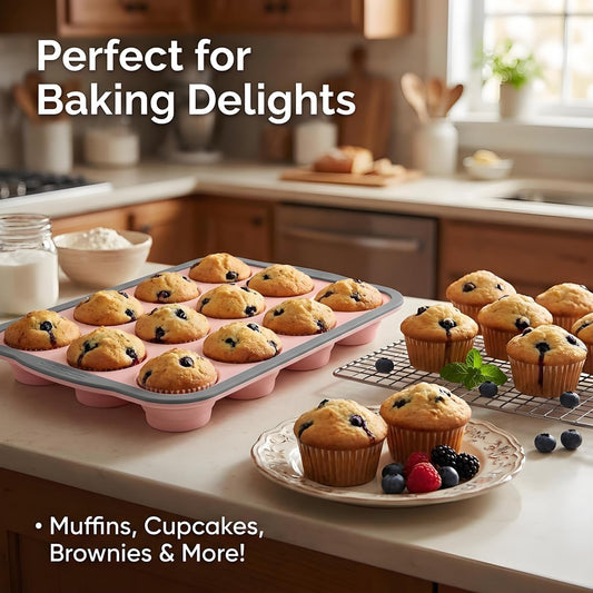 Silicone Muffin Pan, 12 Cups Non-Stick Cupcake Pan, Food-Grade BPA-Free Muffin Tin, Oven-Safe 450 °F, Reinforced Steel Frame, Easy-Grab Handles, Quick-Release 2.3" Baking Molds for Mini Treats