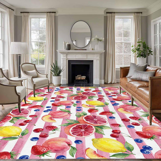 5x8ft Washable Area Rug,Fluffy Large Carpet Summer Peach Lemon Grapefruit Soft Indoor Rugs Non-Slip Accent Floor Mat for Living Room Bedroom Office Decor,Blueberry Strawberry Pink Stripe