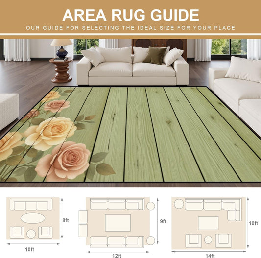 10x14 Area Rugs for Bedroom Boho Washable Rug for Living Room Vintage Peach Pink Roses Floral Light Green Wooden Extra Large Soft Rubber Backed Non-Slip Carpets for Office Dining Room