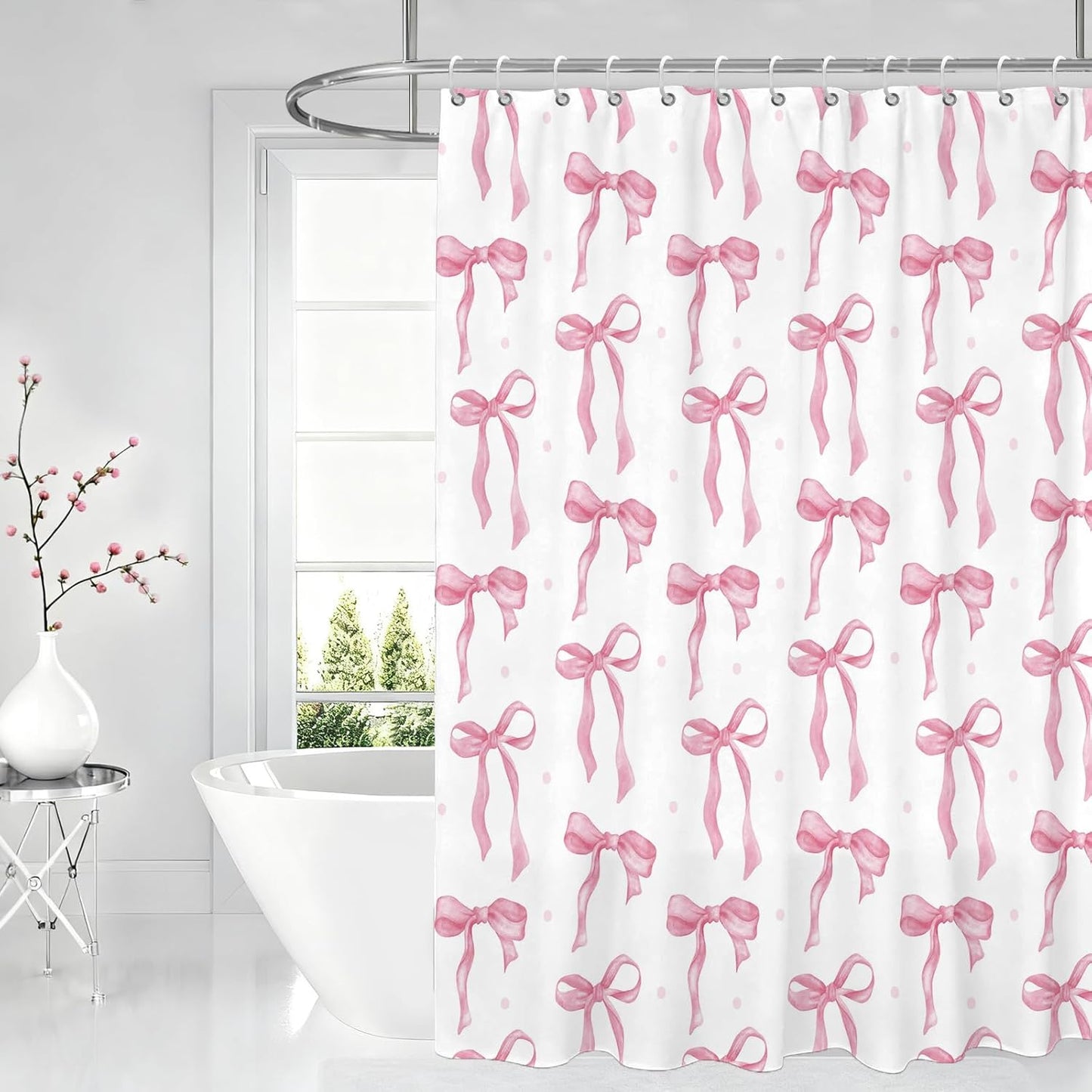 Pink Bow Shower Curtain Set with Hooks, White Pink Bathroom Curtain with Bows Design, Cute Waterproof Fabric Shower Curtains Bathroom Decor, Coquette Girly Curtain for Little Girls Teens 72x72 Inch