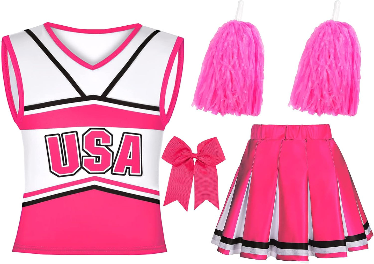 Gukuu&co Cheerleader Costume for Girls USA Cheerleading Outfit with Cheerleader Pom Poms Bow Hair Clip 3-10 Years