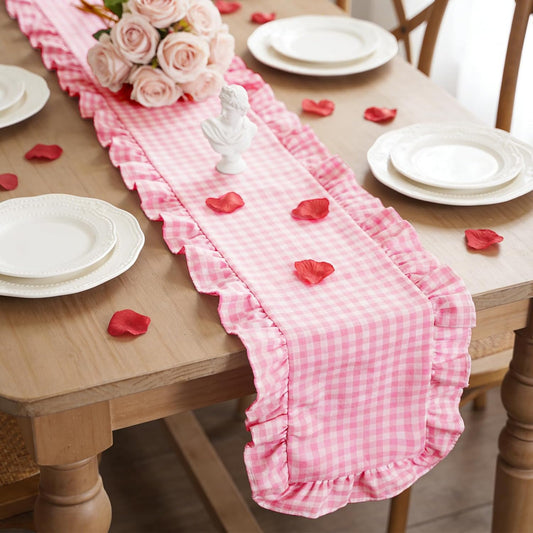 AnyDesign Pink Plaid Gingham Ruffle Table Runner 13.8 x 72 Inch Farmhouse Table Cover Cotton Scallop Edge Decor for Birthday Wedding Kitchen Rustic Home Table Decor