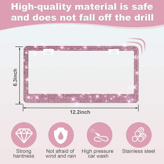 QUANQIUFEI 2 Pack Bling License Plate Frames for Women, Sparkly Rhinestone Diamond Car Accessories with Glitter Crystal Caps (Dark Pink)