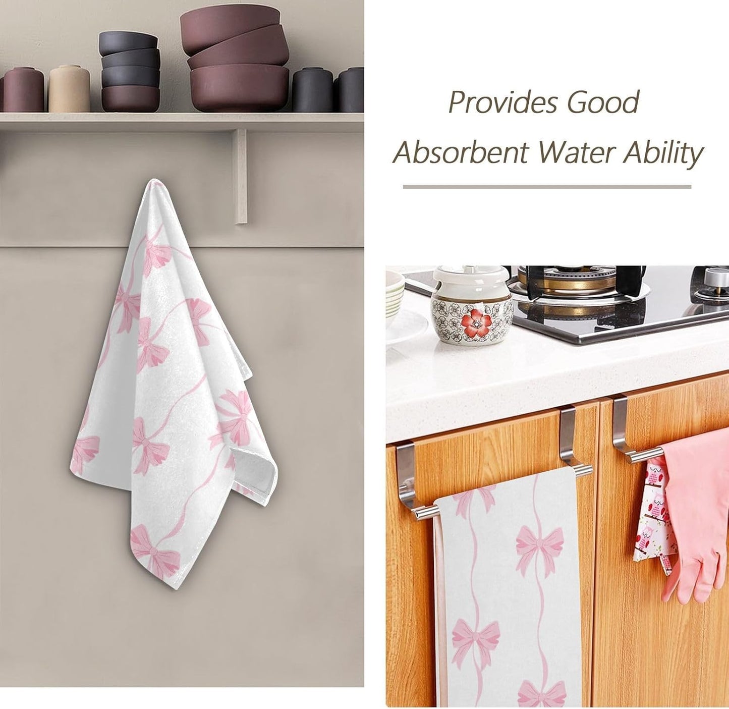 2 Pcs Cute Pink Bows Striped Hand Towels for Bathroom,Soft Absorbent Girly Romantic Ribbon Knot Bows on White Decorative Kitchen Towels Guest Bathroom Towels for Bath,Face,Shower,Gym 14"x28"