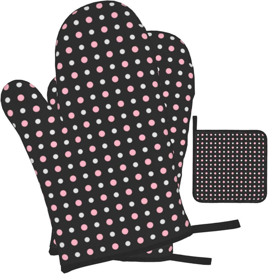 3PCS Oven Mitts and Pot Holders Sets, Black, Pink, Gray and White Dots Oven Mitts Set Heat Resistant Kitchen Microwave Gloves Safe for Baking,Cooking, BBQ