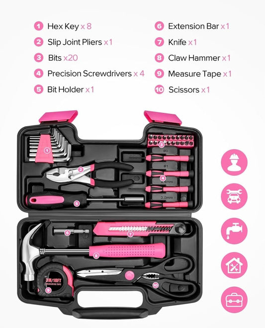 39pcs Pink Household Tool Set Essential Hand Tool Kit with Plastic Toolbox for Home Repairs DIY & Crafts Tool