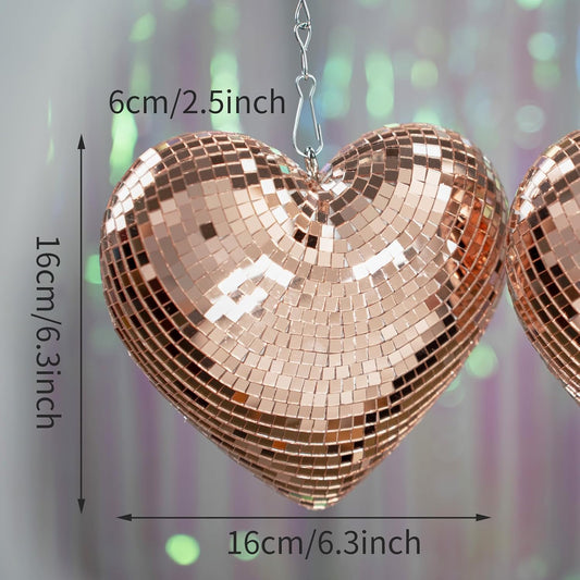 6“ Heart Shaped Disco Ball - 2 Pack Rose Gold Mirror Disco Balls with 20" Chains for Valentines Day Gift Party, Reflective Hanging Disco Decor Retro Decor for Cafe, Desk, Room, Home, Bar
