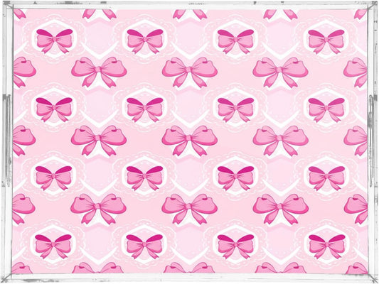 Kigai Light Pink Bows Serving Tray with Handles, 12x16 Inch Decorative Acrylic Tray Organizer, Multi-Purpose Sturdy Serving Platter for Coffee Table, Kitchen, Vanity, Nightstand