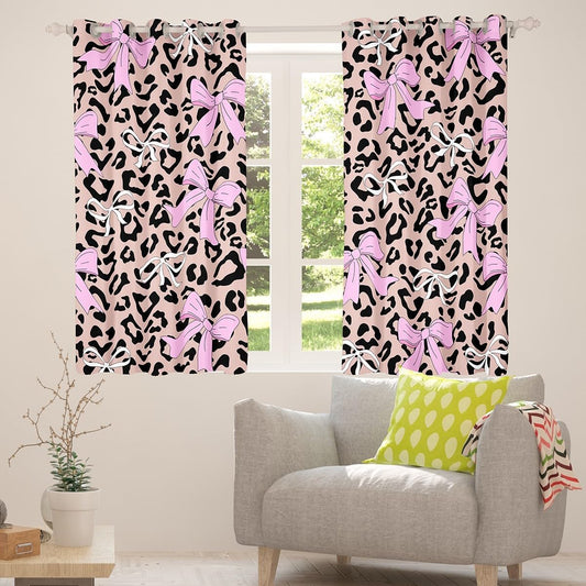 Erosebridal Bow Leopard Girly Pink Window Curtains 38" Wx54 L, 2 Panels | Bowknot Ribbon Blackout Curtains Fur Print Cheetah Brown Black Lightweight Window Treatments Drapes