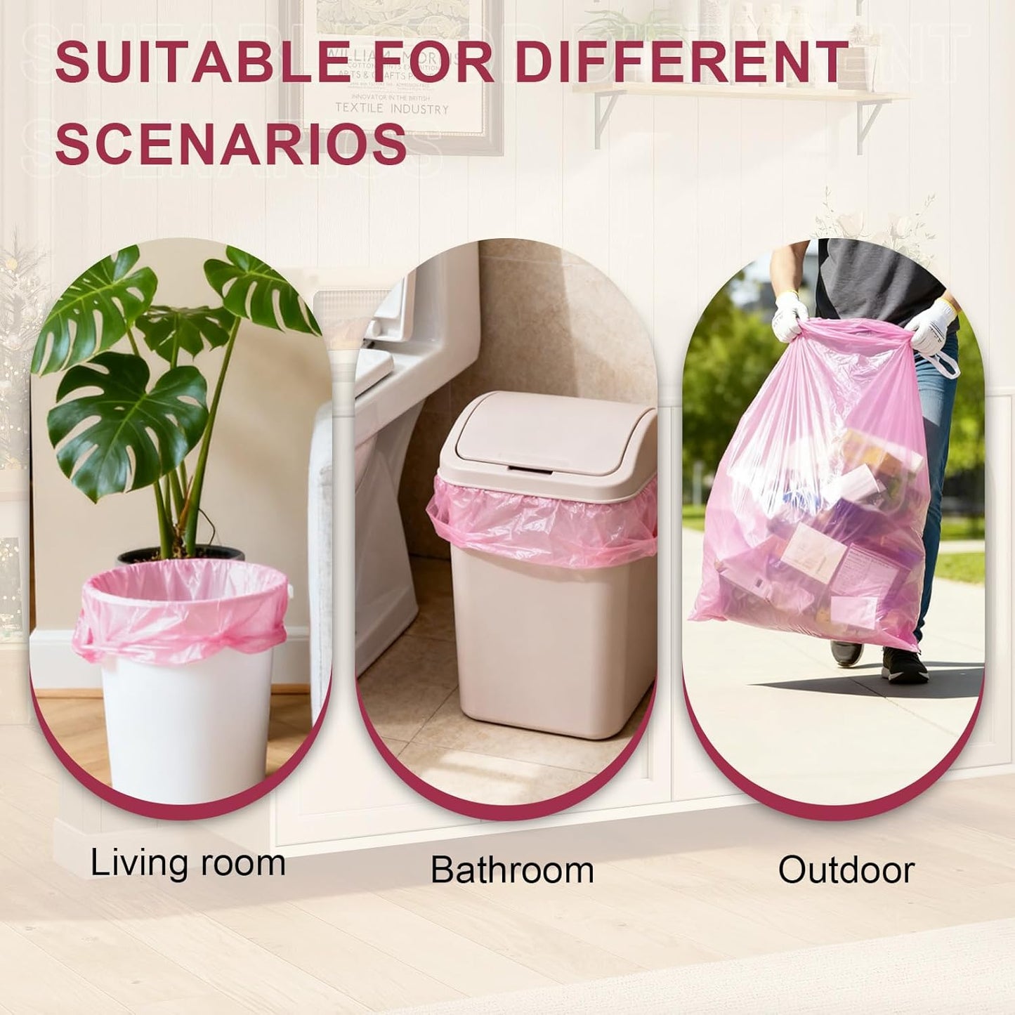 13 Gallon Drawstring Trash Bags, 40 Count Heavy Duty Kitchen Garbage Bags, Strong & Thick, Leak Proof, Tear Resistant, Unscented, for Home, Office, Bathroom, Fits Tall Kitchen Bins (Pink)