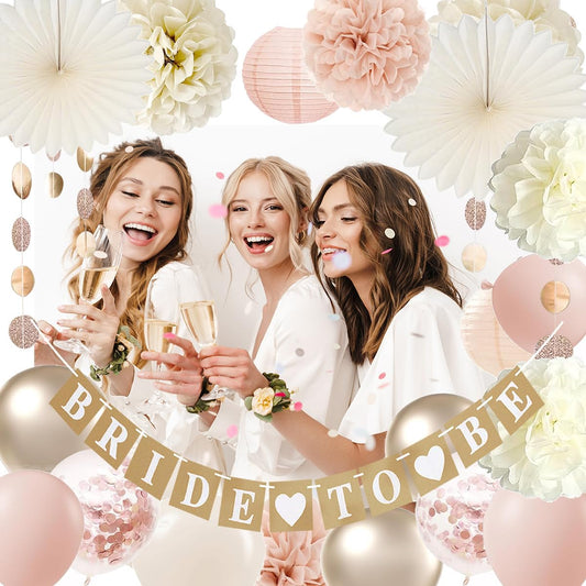 Bachelorette Decorations White Champagne-gold - Bridal Shower Party Decors with Wedding Balloons Rustic Bride to Be Banner Paper Flowers Fans (Dusty Pink + Champagne Gold)