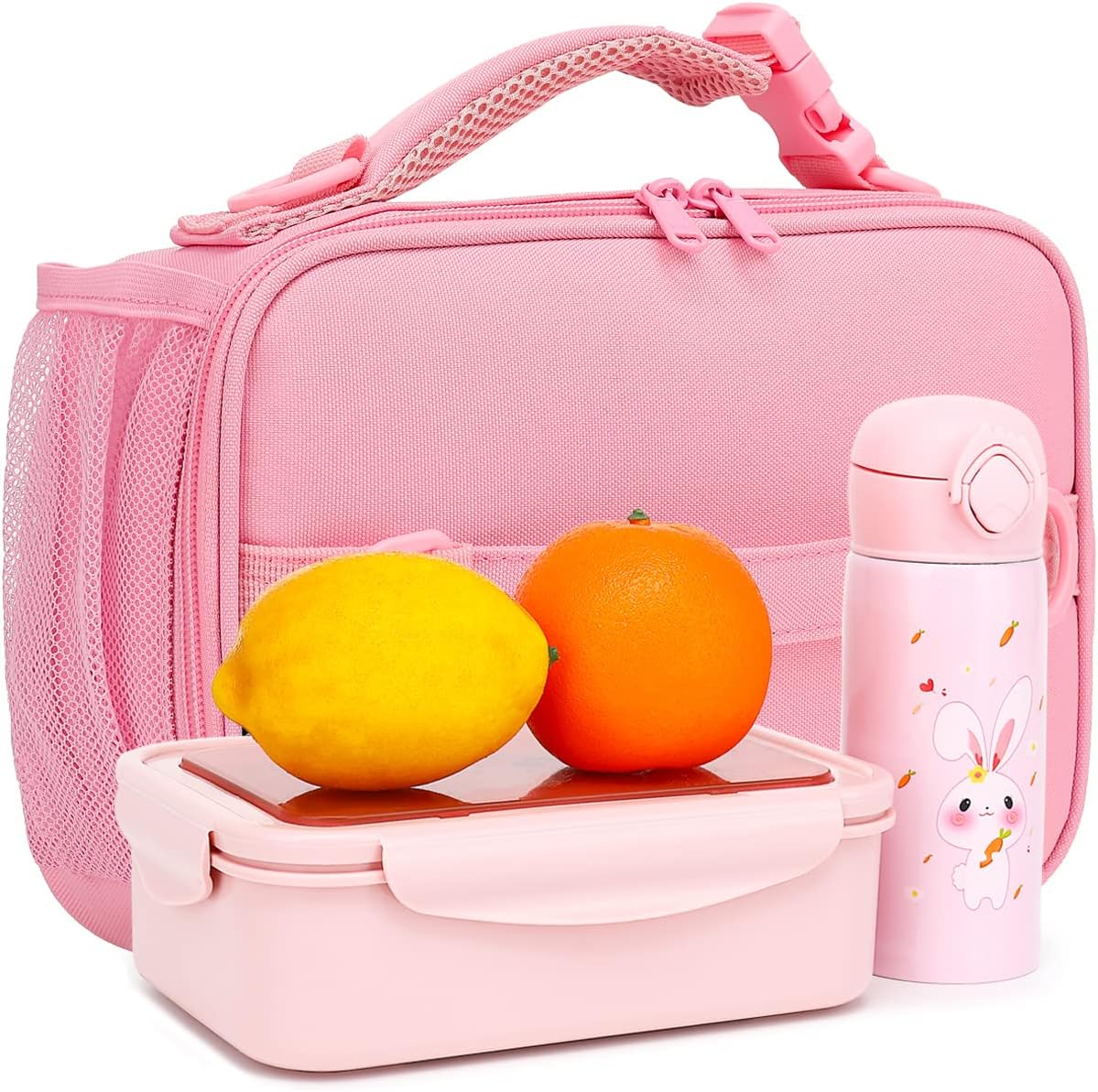 FlowFly Kids Lunch Bag, Durable Insulated School Lunch Box with Shoulder Strap and Bottle Holder, Water-resistant Thermal Small Lunch Cooler Tote for Teen Boys & Girls,Pink